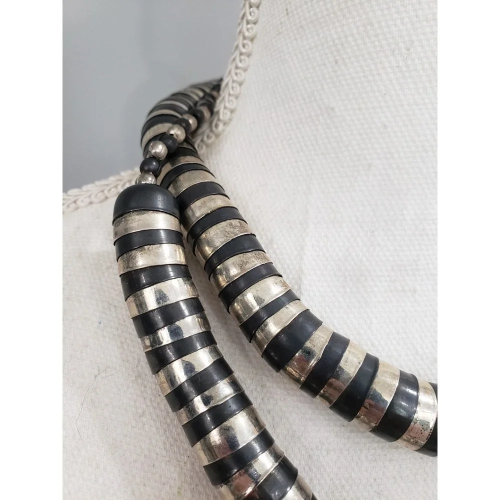 Vintage Statement Metal Disc Bead Necklace India Tribal Boho Snake Bib Brutalist